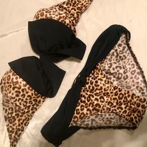 Leopard bikini with black bow and trim